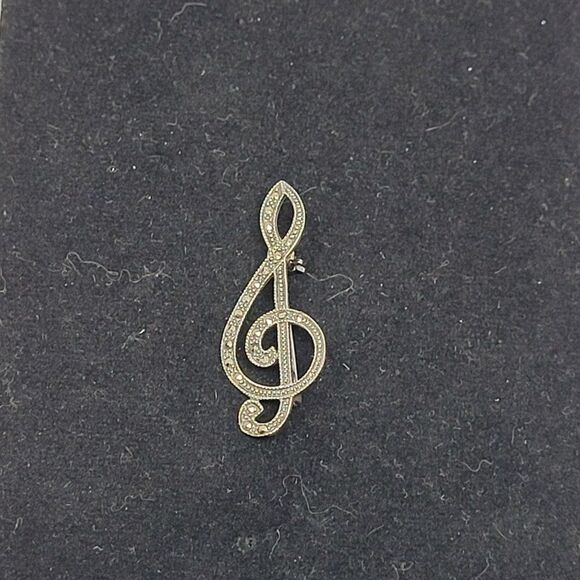 Vintage Signed MA Michael Anthony Sterling Silver Marcasite Treble Clef Brooch - Picture 8 of 9